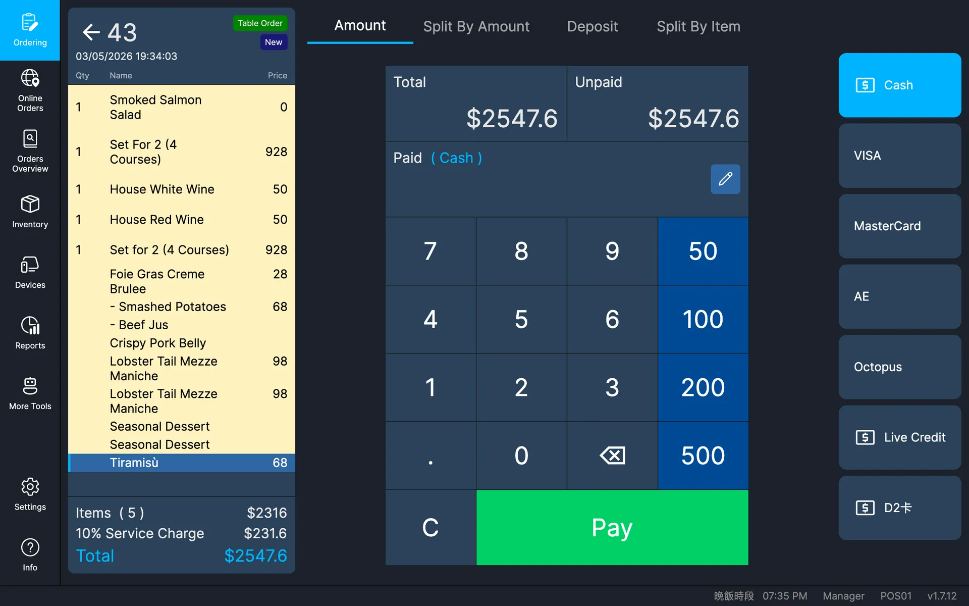 X1 POS payment entry screen on iPad